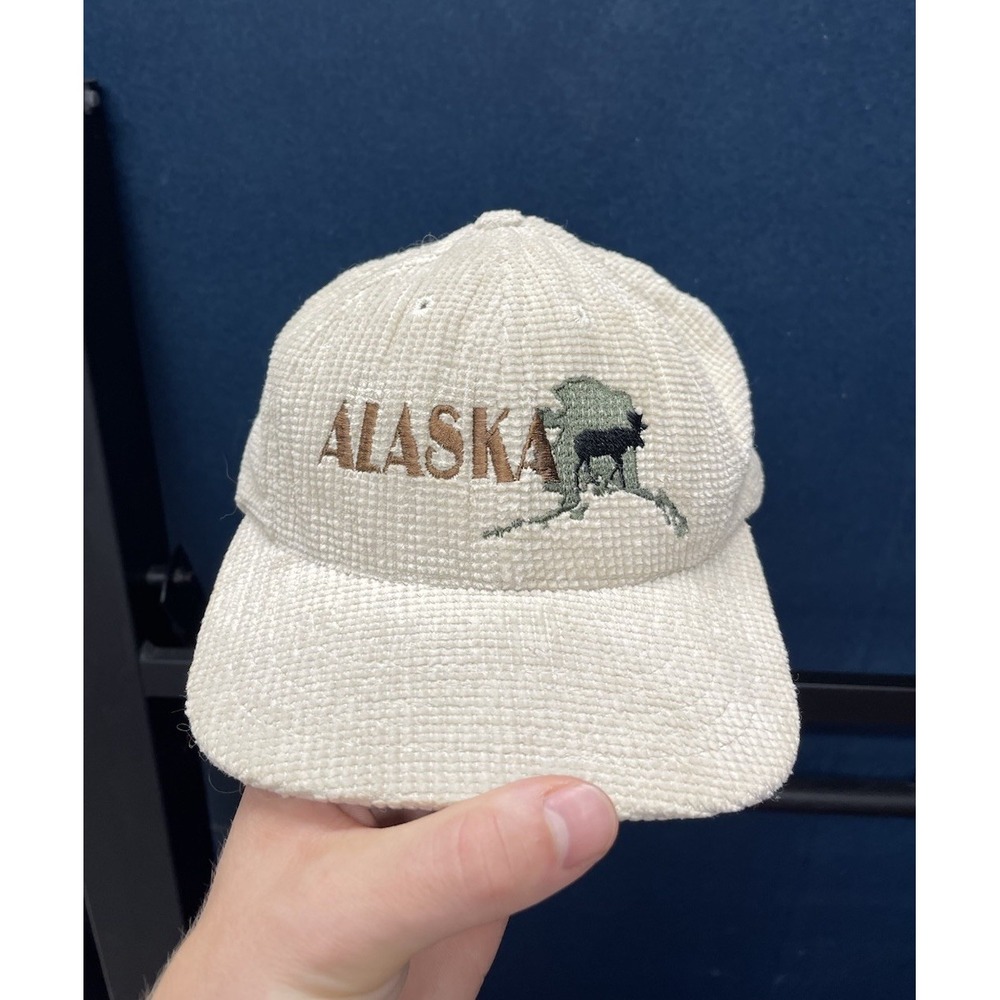 Vintage 90s Alaska Embroidered Corduroy Snapback Hat Made In USA Tan